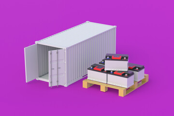 Car battery near metal container. Auto accumulator transportation. Delivery of cargo. Wholesale trade. International import, export. Purchase, sale of automotive parts. 3d render