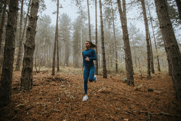 Young woman running toward camera on the forest trail at autumn