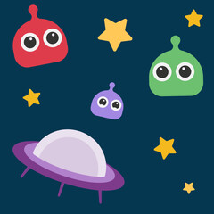 Elementos gráficos de aliens fofos no espaço sideral.