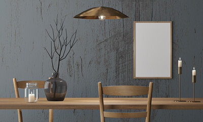 Frame mockup in dark dining room interior background, 3d render
