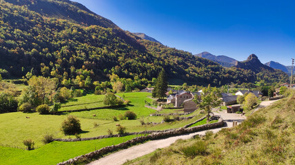 Fototapeta na wymiar Valle de Lago village, Somiedo Nature Park and Biosphere Reserve, Asturias, Spain