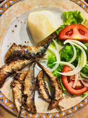 Parrochas, small sardines with salad, Ribadeo, Galicia, Spain