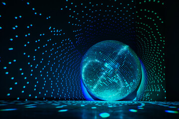 Disco ball reflecting blue and green light in a dark hall. Holidays concept. Copy space. 