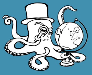 An octopus with a mustache in a top hat, which examines the globe through a magnifying glass. Black and white vector illustration.