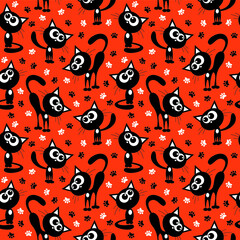 Cute black cat and paw prints cartoon on orange background seamless pattern. Vector illustration.