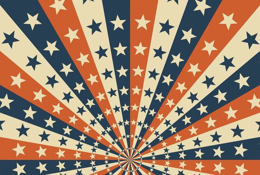 Vector vintage background with sunbeams and colored stars. USA. America. Patriotic background.