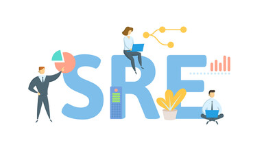 SRE, Site Reliability Engineering. Concept with keyword, people and icons. Flat vector illustration. Isolated on white.