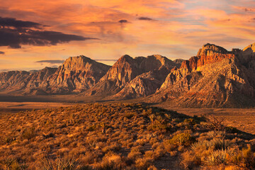 Dramatic dawn light on the cliffs of Red Rock Canyon National Conservation Area near Las Vegas,...