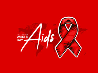 World AIDS Day with red ribbon and world map hand drawn style on red background. Vector can be use for poster, campaign and banner