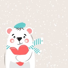 Cute polar bear enjoying snow and holding a heart. St. Valentines's day concept. Vector illustration.