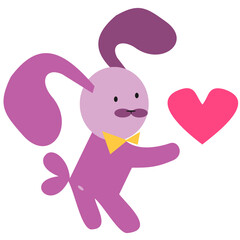 Vector illustration of a cartoon rabbit with a big heart and long ears. Hare with a bow tie. Love
