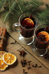 Hot spicy beverage. Hot drink with cinnamon stick and star anise.