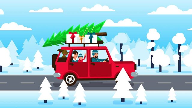 Family car with Christmas tree on roof rack. Family is going to the Christmas holidays. Looped video