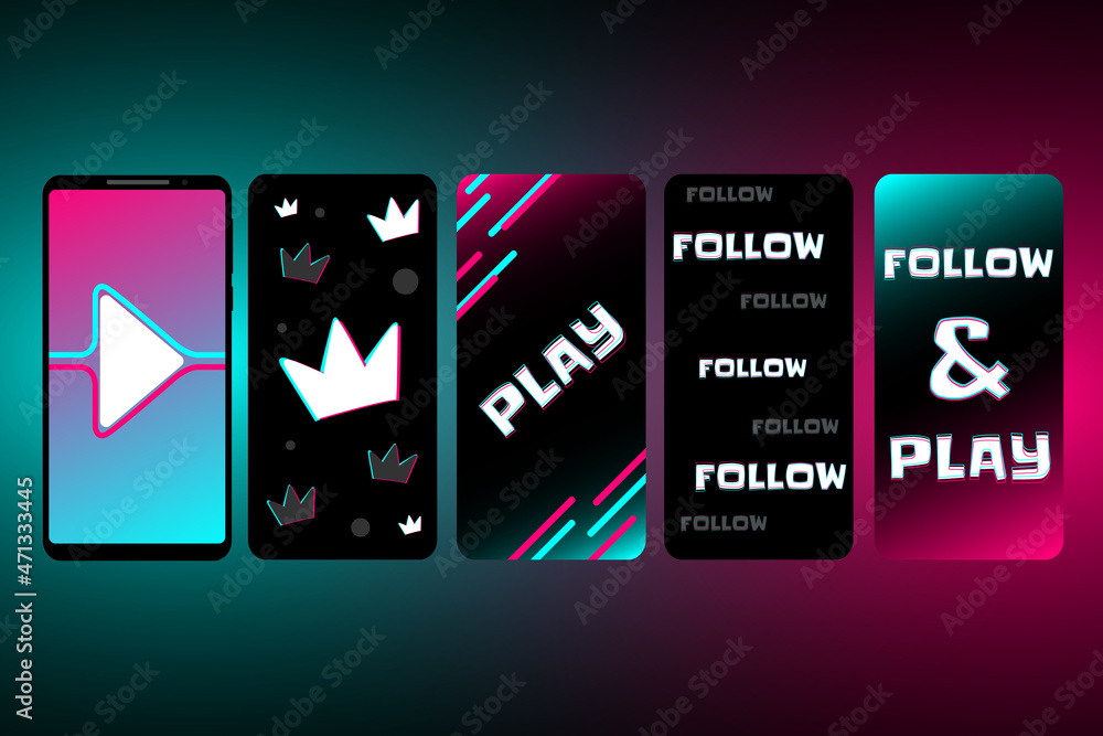 Wall mural design concept with smartphones in the style of social networks. follow & play - basic social networ