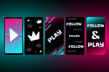 Design concept with smartphones in the style of social networks. Follow & Play - basic social network expressions. Mobile app template. - obrazy, fototapety, plakaty