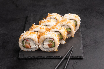 A set of sushi from many types of roles. Sushi menu. Japanese gourmet sushi.