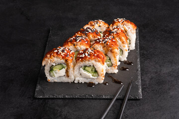 A set of sushi from many types of roles. Sushi menu. Japanese gourmet sushi.