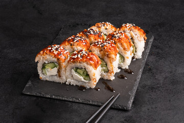 A set of sushi from many types of roles. Sushi menu. Japanese gourmet sushi.