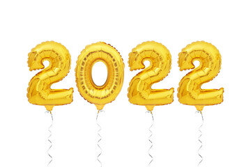 happy new year 2022 number of gold foiled balloons isolated on white