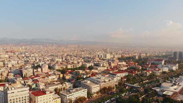 Aerial wide panning view Mersin city panorama in southern Turkey .Bic cities and populated areas in Mediterranean regions in Turkey