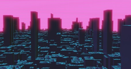 3D CGI rendered illustration. Retro anime inspired dark city at night skyline with buildings, skyscrapers and digital pink neon sky. This image is Non-ai generated. - obrazy, fototapety, plakaty