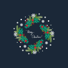 Holly. Spruce. Square frame. Winter festive frame, decorative border. Holly berries.