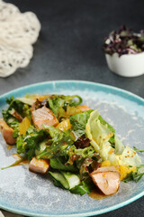 grilled salmon salad with vegetables on dark concrete background.