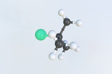 2-chloro-2-methylpropane molecule, isolated molecular model. 3D rendering