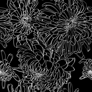 Seamless pattern with a Chrysanthemum Flowers natural ornament. Vintage Japanese Flowers floral seamless pattern on black background. Exotic jungle wallpaper.