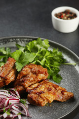 Delicious meat kebab with fresh vegetable. Grilled meat kebabs, vegetables on a dark table.