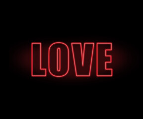 Word love, bright letters. Neon sign. Retro neon love sign on black background. Design element for happy valentine's day. Ready for your design, greeting card, banner.