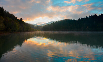 Fototapeta premium Morning evaporation of water over the lake - Autumn landscape with Karagol (Black lake) - A popular destination Black Sea, Savsat, Artvin