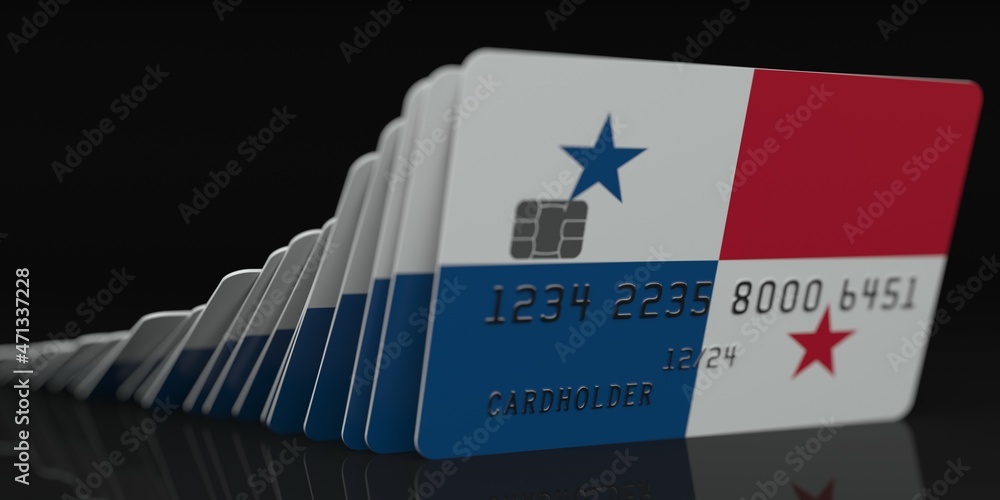 Poster domino effect, fallen credit cards with flags of panama. fictional data on card mockups. banking col