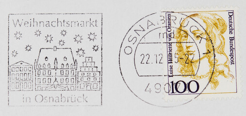briefmarke stamp vintage retro alt old gestempelt used frankiert cancel slogan werbung weihnachtsmarkt osnabrück gebäude 100 Luise Henriette von Oranien frau woman 1995