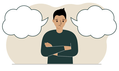 A sad man tries to make the right decision. Left and right empty bubbles. Comparison of the two solutions.