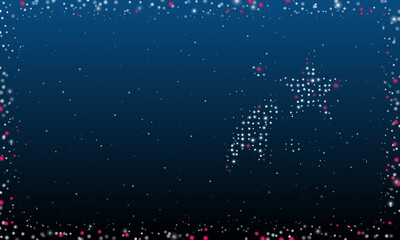 On the right is the fireworks symbol filled with white dots. Pointillism style. Abstract futuristic frame of dots and circles. Some dots is pink. Vector illustration on blue background with stars