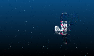 On the right is the cactus symbol filled with white dots. Background pattern from dots and circles of different shades. Vector illustration on blue background with stars