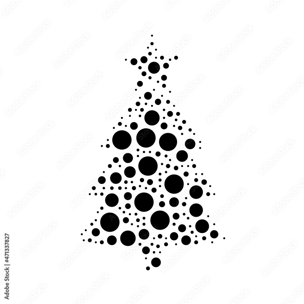 Poster a large christmas tree in the center made in pointillism style. the center symbol is filled with bla