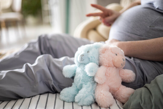Closeup pregnant female tummy with bear toys gesturing two fingers awaiting twins baby boy and girl