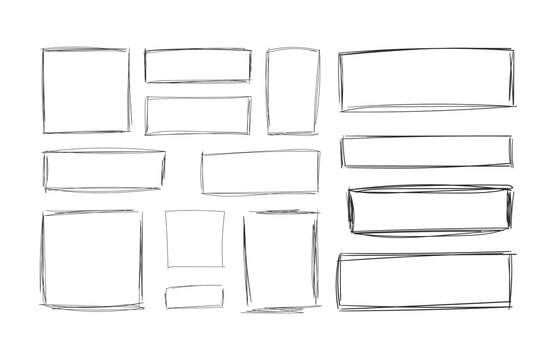 sketched squares, blank drawings, frames isolated on white background, black lines, rectangular shapes.