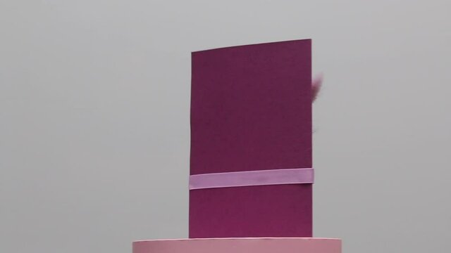 Making greeting cards. Paper blanks, ribbons and lagurus branches. Stands on a rotating stage. On white background..