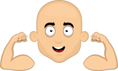 Vector illustration of the face of a cartoon bald man, flexing his arms and showing his biceps

