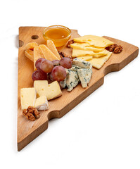 A board with cheese delicacies, walnuts and honey. Isolated on a white background