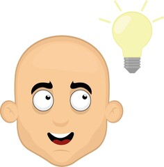 Obraz premium Vector illustration of the face of a cartoon bald man looking at a light bulb, in concept of inspiration, idea or creativity