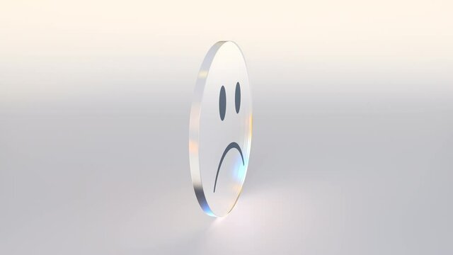 Sad smiley on the sides of a spinning coin or token, conceptual looping 3d animation