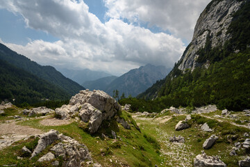 View of Julian Alps mountains near Kranjska Gora in Triglav national park on a cloudy day, Slovenia