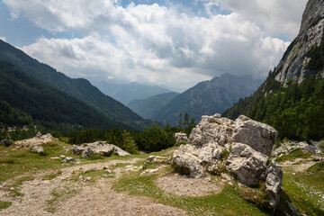 View of Julian Alps mountains near Kranjska Gora in Triglav national park on a cloudy day, Slovenia