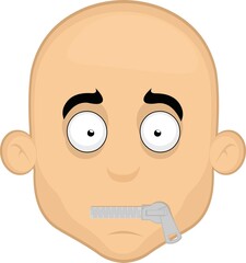 Obraz premium Vector illustration of the face of a cartoon bald man with his mouth closed with a zipper
