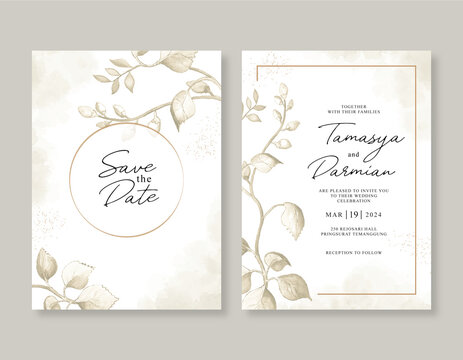 Elegant wedding invitation template with watercolor leaves