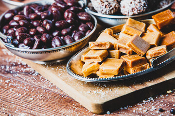 Assortment of delicious chocolate candies background. Chocolate candy isolated 